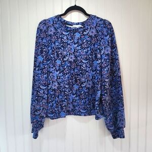 MAISON D'AMELIE Blue Floral Cotton Blend Puff Sleeve Sweater Top Medium